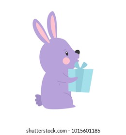 Vector cartoon illustration of cute rabbit and bunny with present for card, posters.