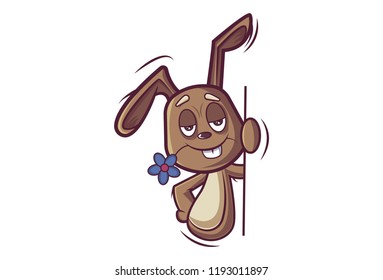 Vector cartoon illustration of cute rabbit with blue flower. Isolated on white background. 