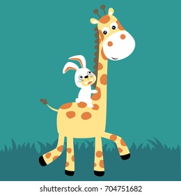 Vector cartoon illustration of cute rabbit ride on giraffe