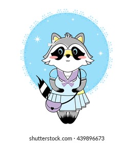 Vector cartoon illustration. Cute raccoon dressed girl with sweet muzzles on sky background. Tender colors, light sketch design. Fashion animals 