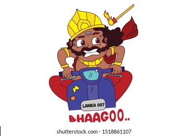 Vector cartoon illustration. Cute ravan is driving fast scooter and saving oneself fire wood. Bhaagoo Hindi text translation - run  Isolated on white background.