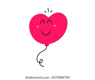 Vector cartoon illustration of cute red heart shape happy character on white color background. Flat style child doodle design of smile air balloon monster in love for web, site, banner, poster, card