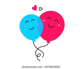 Ilustración de dibujos animados de Vector de lindo personaje feliz de forma roja y azul con corazón sobre fondo de color blanco. Diseño de garabato infantil de estilo plano de sonrisa de aire globo monstruo en amor por el Web, sitio, Anuncio