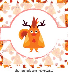 Vector cartoon illustration. Cute red rooster, deer outfit, on colored background. Flat style birds, hearts background. Art for greeting card, background, package, box, present design