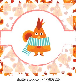 Vector cartoon illustration. Cute red rooster, stripped scarf, on colored background. Flat style birds, hearts background. Art for greeting card, background, package, box, present design