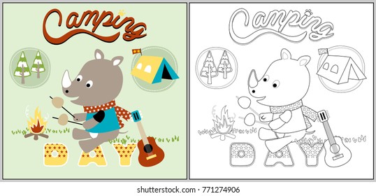 Vector cartoon illustration of cute rhino in camping, coloring page or book