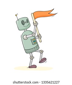 Vector cartoon illustration - cute robot holding flag. Technical illustration about future technology.