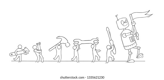Vector cartoon illustration - cute robot walking with little people. Technical illustration about future technology.