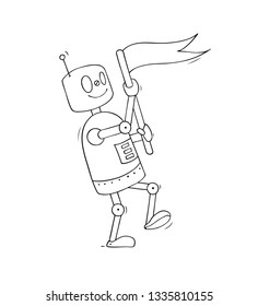 Vector cartoon illustration - cute robot holding flag. Technical illustration about future technology.