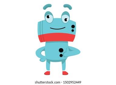 Vector cartoon illustration of cute robot smile face with thumbs up sign. Isolated on White background.