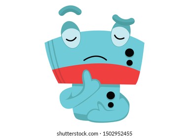 Vector cartoon illustration of cute robot with closed eyes. Isolated on white background.
