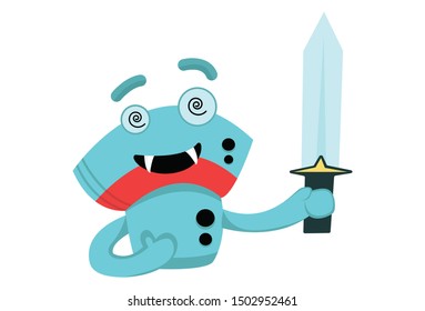 Vector cartoon illustration of cute robot with sword. Isolated on white background.
