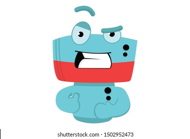 Vector cartoon illustration of cute robot angry expression. Isolated on white background.