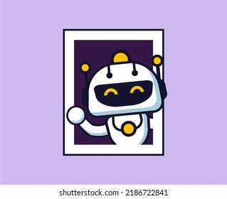 Dibujo de dibujos animados de un robot lindo saludando a una mascota y logotipo de una empresa de negocios