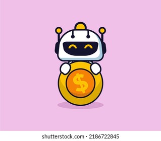 Vector cartoon illustration of cute robot holding money coin happily for business company mascot