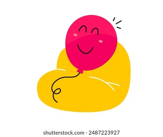 Vector cartoon illustration of cute round shape happy character sit on chair on white color background. Flat style child doodle design of relax smile air balloon monster for web, site, banner, poster