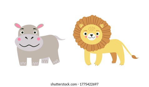 Vector cartoon illustration of cartoon cute safari animals - hippopotamus and lion on white background