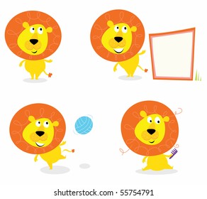 Vector cartoon illustration of cute safari lion character: single lion, lion with blank sign, lion with football ball and one with crazy hair style.