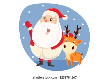 Vector cartoon illustration. Cute Santa with deer. Isolated on white background.