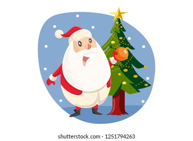 Vector cartoon illustration of cute Santa standing with tree. Isolated on white background.