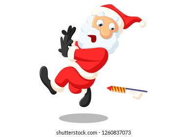 Vector cartoon illustration. Cute Santa is running and firecracker is behind it. Isolated on white background.