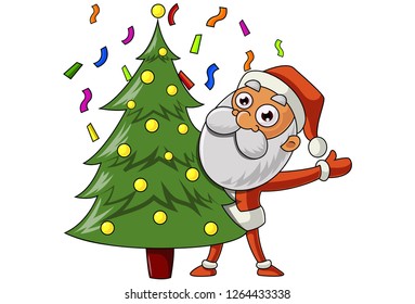 Vector cartoon illustration of cute Santa Claus with Christmas tree. Isolated on white background. 