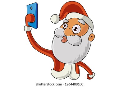 Vector cartoon illustration of cute Santa Claus taking selfie. Isolated on white background. 