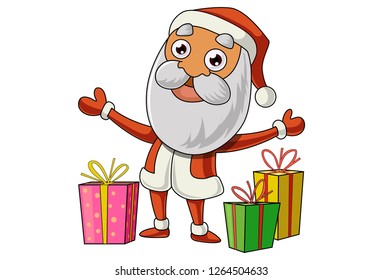 Vector cartoon illustration of cute Santa Claus standing with Christmas gift. Isolated on white background. 