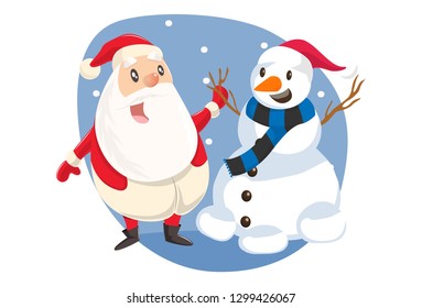 Vector cartoon illustration of cute Santa Claus with snow man. Isolated on white background.