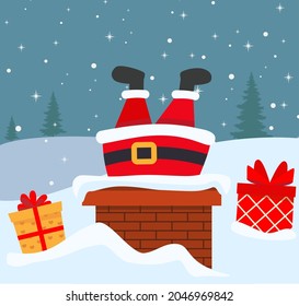 Vector cartoon illustration of cute Santa Claus on the chimney. Christmas greeting card vector illustration design Eps 10