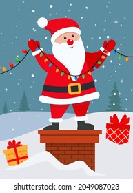 Vector cartoon illustration of cute Santa Claus on the chimney. Christmas greeting card vector illustration design Eps 10