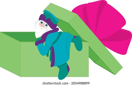 Vector cartoon illustration of a cute Santa Claus character hiding in a gift box