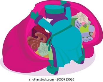 
Vector cartoon illustration of a cute Santa Claus character who looks into a bag of gifts