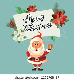 Vector cartoon illustration of a cute Santa Claus holding a gift.Banner with the text Merry Christmas. Holiday greeting card.	