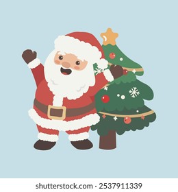 Vector cartoon illustration of cute Santa Claus character with Christmas tree. Christmas winter holiday design element