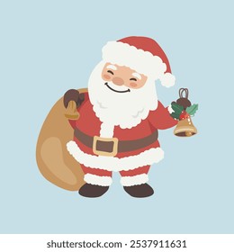 Vector cartoon illustration of cute Santa Claus character holding bell and gift bag. Christmas winter holiday design element