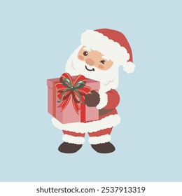 Vector cartoon illustration of cute Santa Claus character holding present. Christmas winter holiday design element