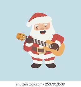Vector cartoon illustration of cute Santa Claus character playing guitar. Christmas winter holiday design element