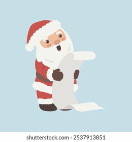 Vector cartoon illustration of cute Santa Claus character checking list. Christmas winter holiday design element