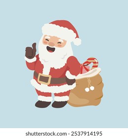 Vector cartoon illustration of cute Santa Claus character with bag of gifts. Christmas winter holiday design element