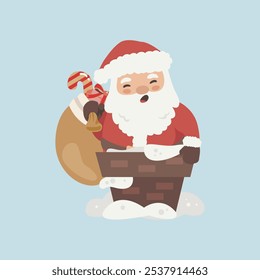 Vector cartoon illustration of cute Santa Claus character in chimney holding a gift bag. Christmas winter holiday design element