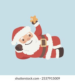 Vector cartoon illustration of cute Santa Claus character waving with star. Christmas winter holiday design element