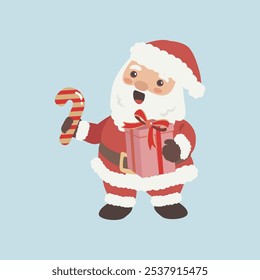Vector cartoon illustration of cute Santa Claus character holding candy cane and gift box. Christmas winter holiday design element