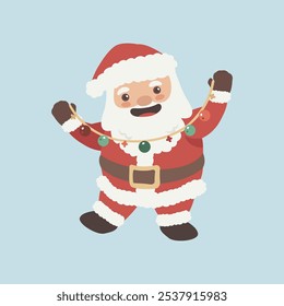 Vector cartoon illustration of cute Santa Claus character holding Christmas lights. Christmas winter holiday design element