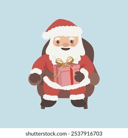 Vector cartoon illustration of cute Santa Claus character sitting with gift box. Christmas winter holiday design element