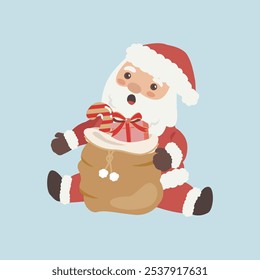 Vector cartoon illustration of cute Santa Claus character with gift sack. Christmas winter holiday design element