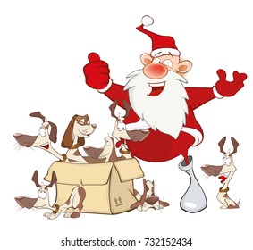 Vector Cartoon Illustration  of a Cute Santa Claus and a Box of Puppies. Cartoon Character