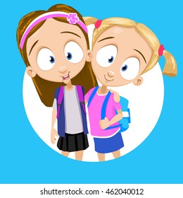 Vector cartoon illustration of cute school girls