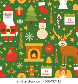 Vector cartoon illustration with cute set of Marry Christmas and Happy New Year holiday background. Santa Claus, deer, Christmas tree, snowman, snowflake, ball, calendar, candies, cookies, fireplace