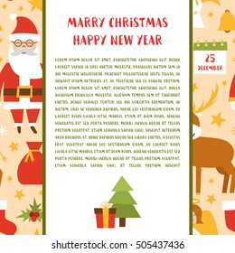 Vector cartoon illustration with cute set of Marry Christmas and Happy New Year holiday background. Santa Claus, deer, Christmas tree, snowman, snowflake, ball, calendar, candies, cookies, fireplace